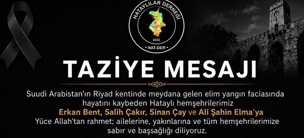 Hataylılar Derneği’nden Taziye Mesajı